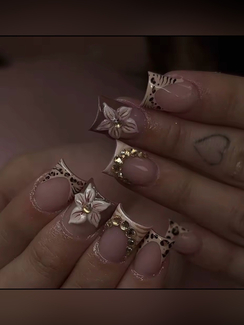 Neutral Pink Floral & Gold Rhinestone Press-On Nails